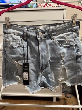 Fashion Nova Light Blue Distressed High-Rise Denim Shorts